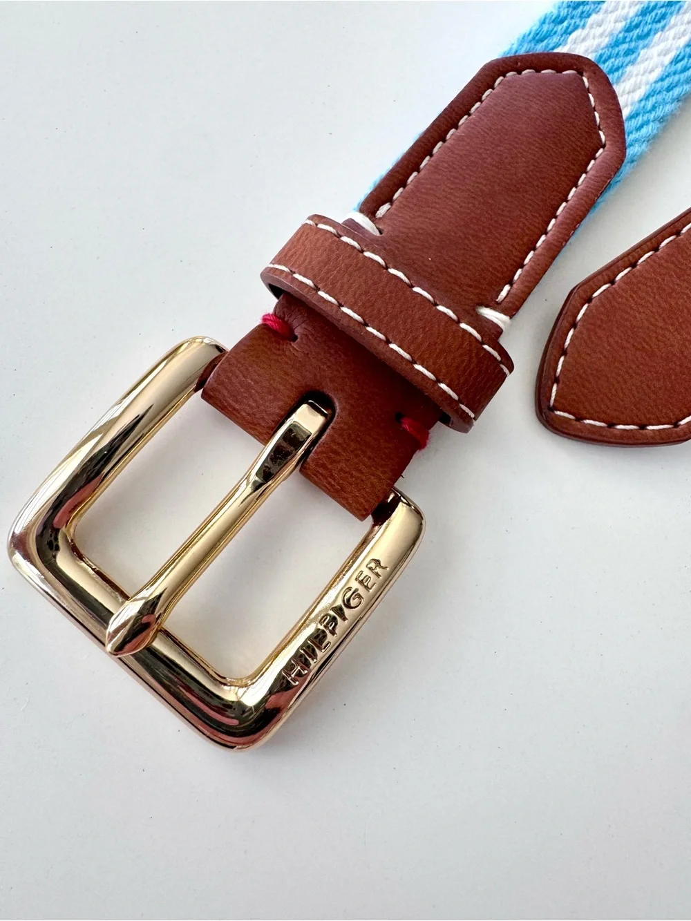 Tommy Hilfiger Striped Light Blue Belt with Brown Leather Golden Tone Buckle M